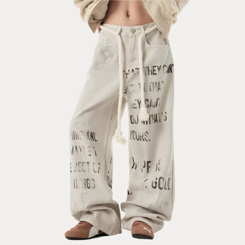 Graffiti Apricot Wide Leg High Waisted Denim Jeans in streetwear style.